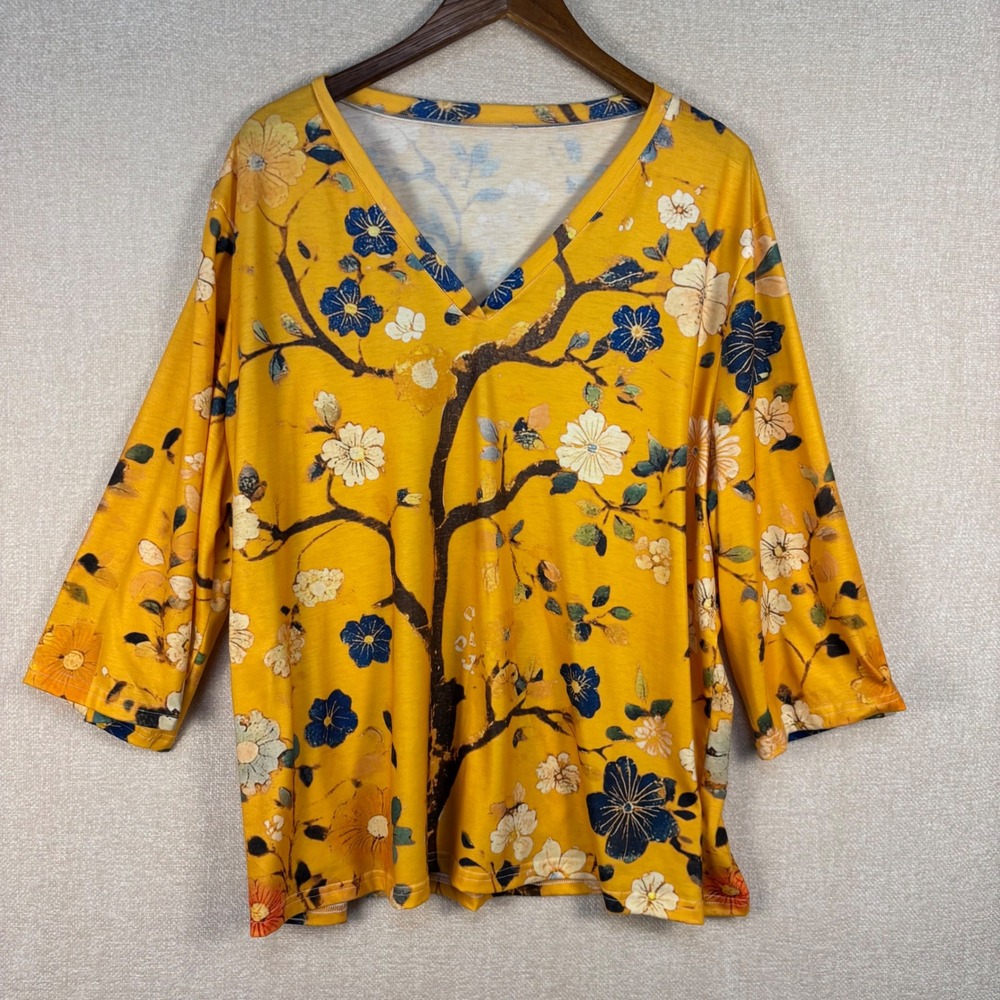 Yellow Floral Tree Print V-Neck Top 3XL 3/4 Sleeve Blouse Mustard Floral Knit